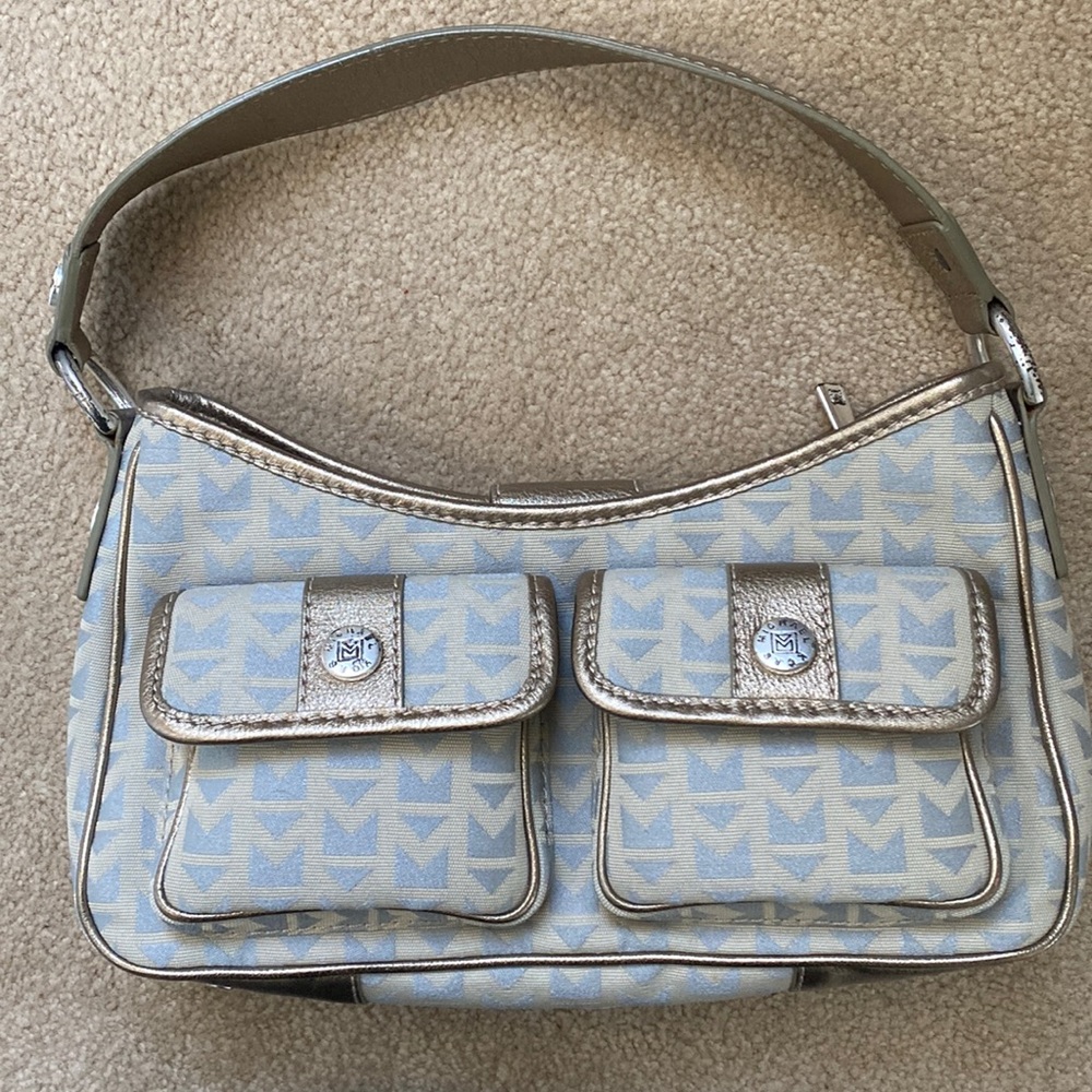 Michael Kors canvas beige silver and pewter leather detail shoulder bag